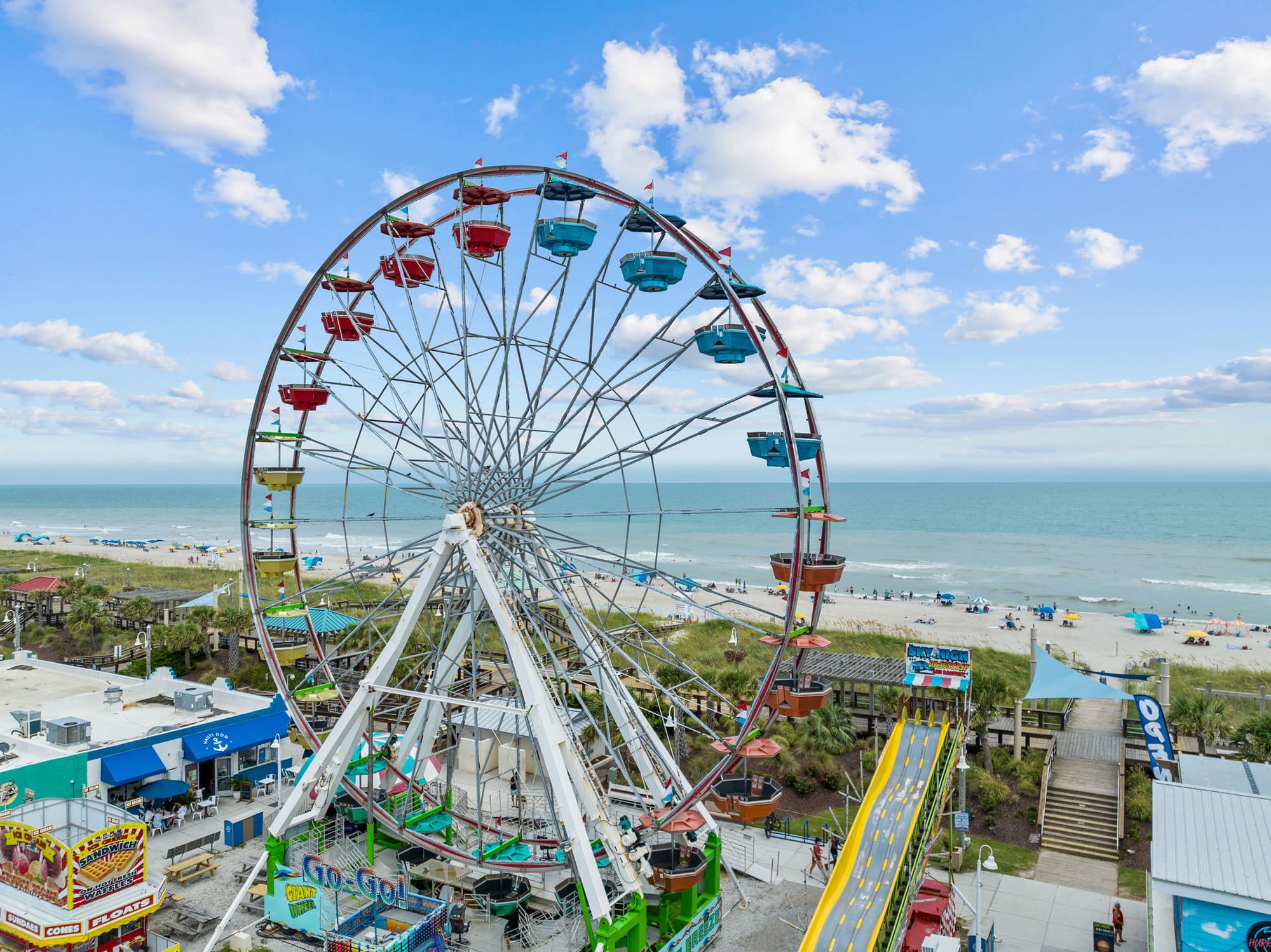 The Ferris wheel at the Carolina Beach Boardwalk, with the beach behind it