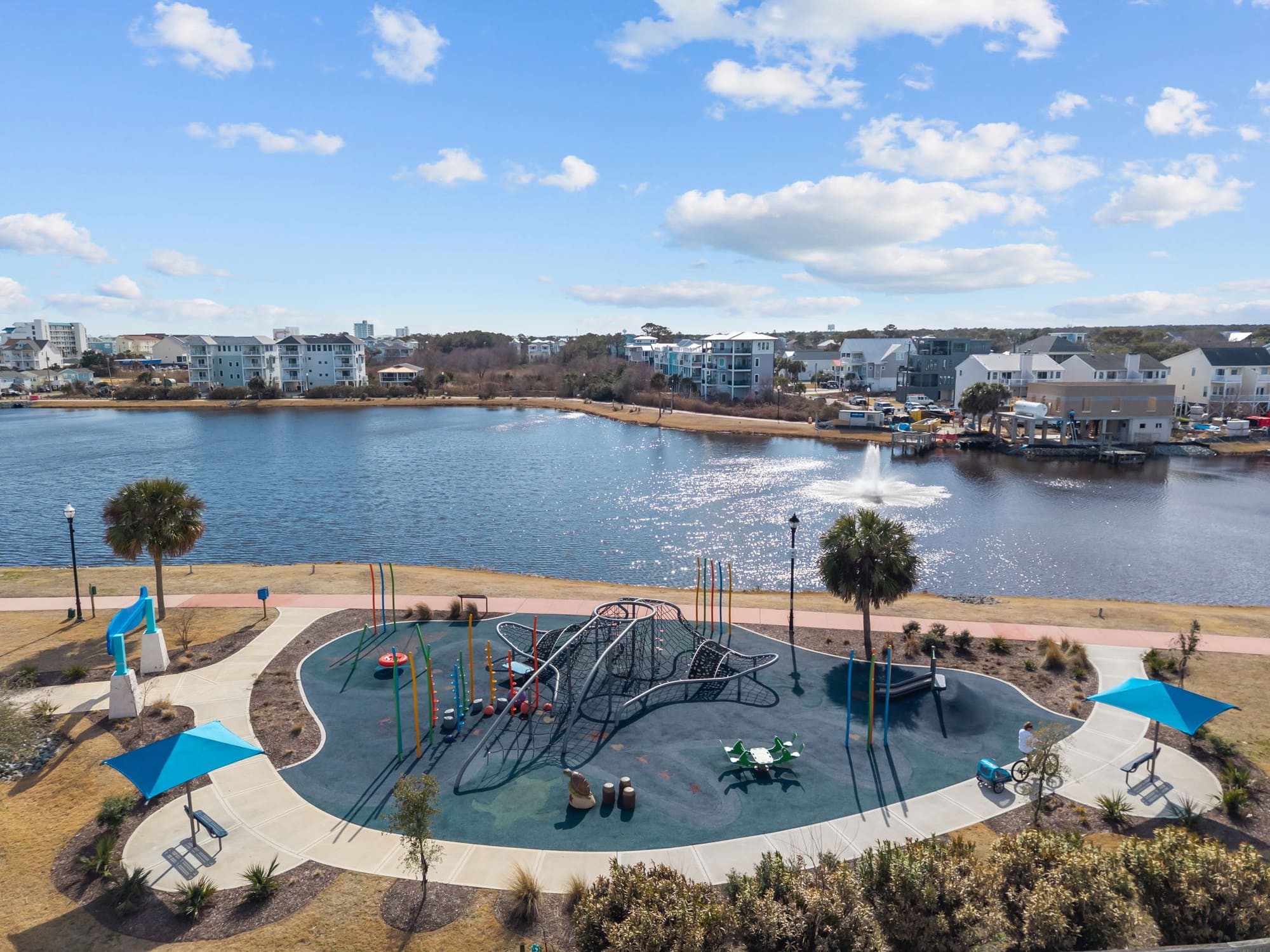 Carolina Beach Lake Park with its splash pad and lakeside homes