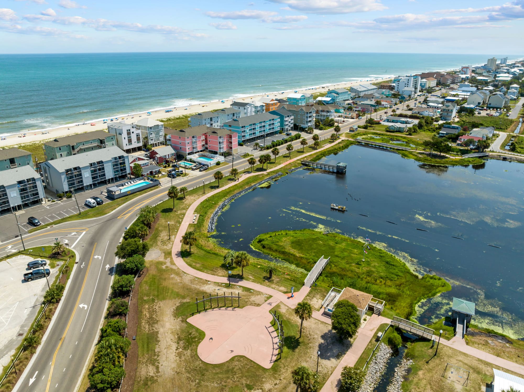 Aerial view of oceanfront homes and Carolina Beach Lake