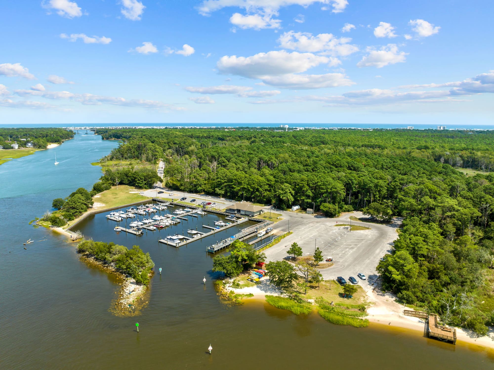 Aerial view of the Carolina Beach State Park marina on the Cape Fear River
